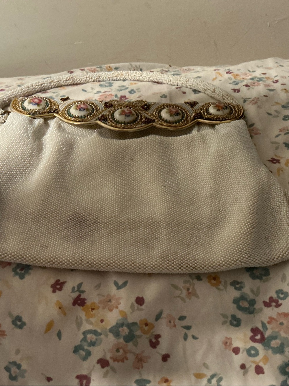 Vintage Cream Beaded Clutch with Gold and Pink Floral Medallions